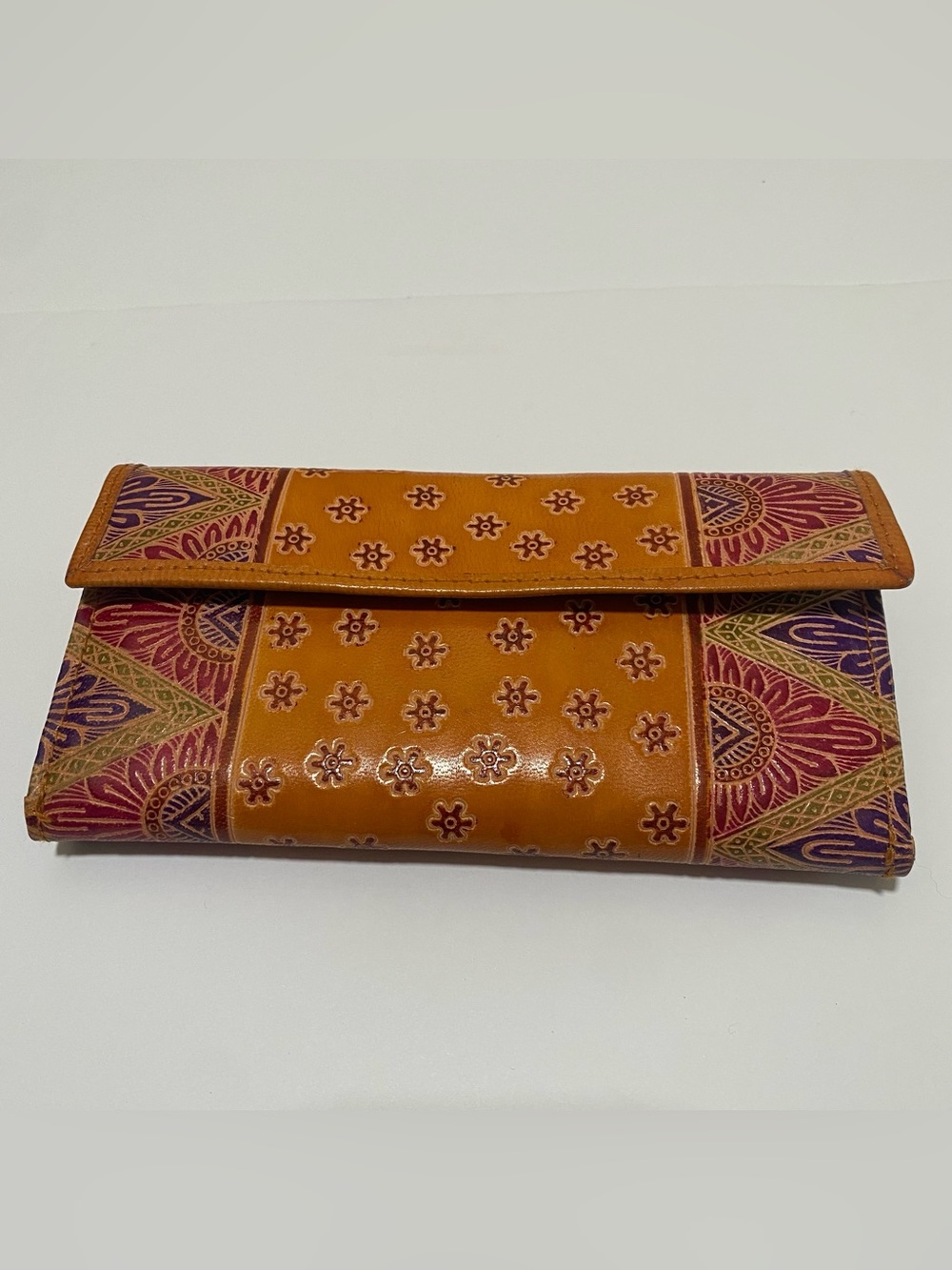 Vintage Boho Hand Tooled Leather Trifold Wallet Mustard Floral Embossed Colorful